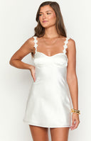 Beginning Boutique Marbelle White Satin Mini Dress white satin sweetheart mini dress with floral applique straps