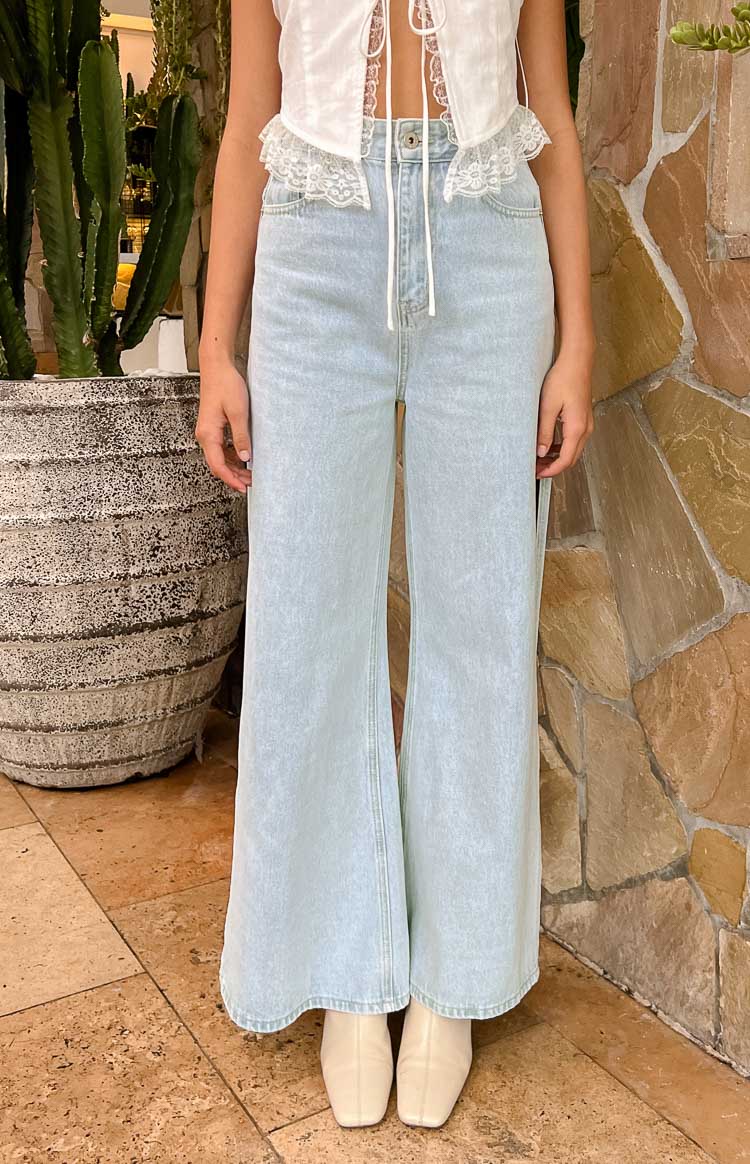 Beginning Boutique Marelle Light Denim Wide Leg Side Split Jeans light wash blue high waist wide leg jeans with side splits