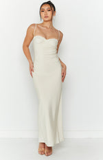 Cream midi dress with a fitted silhouette, sweetheart neckline, and lace-trimmed structured bust