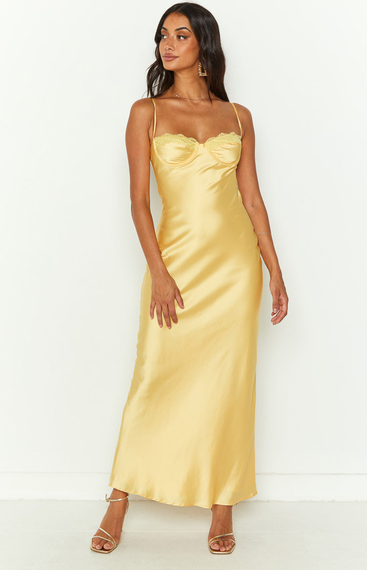 Yellow satin midi dress with a structured lace-trimmed bust and thin spaghetti straps