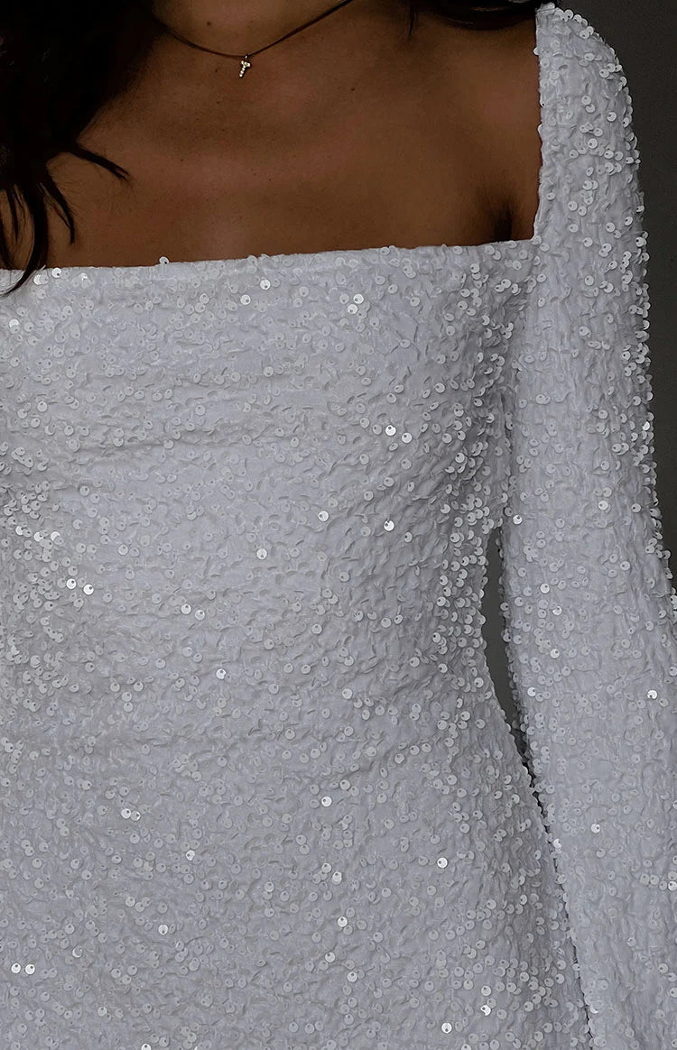 Marienne White Velvet Sequin Long Sleeve Mini Dress