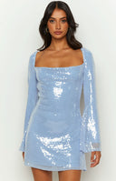 Beginning Boutique Marienne Blue Sequin Mini Dress light blue sequin abstract pattern square neck long sleeve fitted mini dress