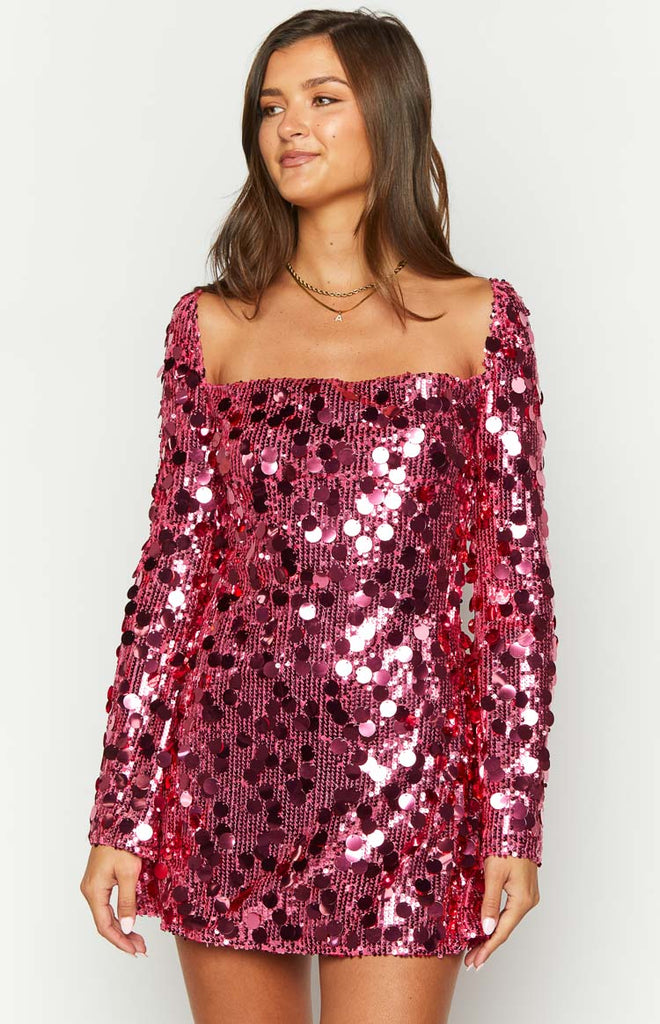 Marienne Pink Sequin Long Sleeve Mini Dress – Beginning Boutique NZ