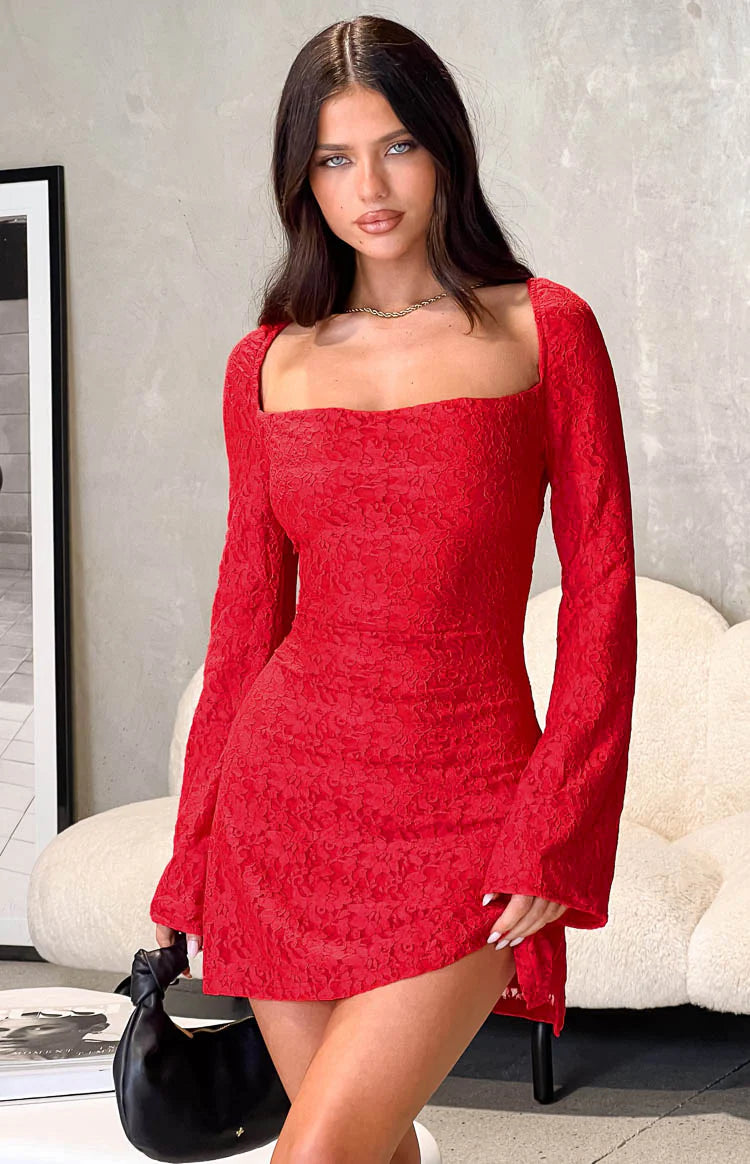 Marienne Red Lace Long Sleeve Mini Dress | Beginning Boutique NZ Marienne Red Lace Long Sleeve Mini Dress | Beginning Boutique NZ