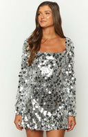 Beginning Boutique Marienne Silver Large Sequin Long Sleeve Mini Dress silver large sequin square neck long sleeve fitted mini dress