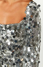 Marienne Silver Large Sequin Long Sleeve Mini Dress