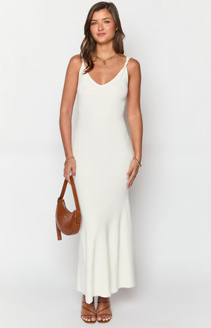 Beginning Boutique Marlene White Knit Maxi Dress white ribbed knit V-neck maxi dress with thin twisted straps and a fitted silhouette