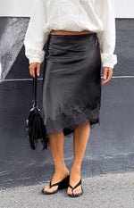 Martha Black Satin Lace Trim Midi Skirt