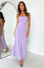 Full-length front view of a lilac mesh maxi dress with a structured corset-style bodice and flowy skirt