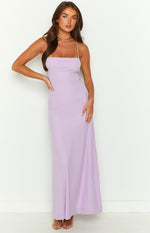 Lilac maxi dress featuring a structured square neckline, thin spaghetti straps, and a seamed, ribbed bodice