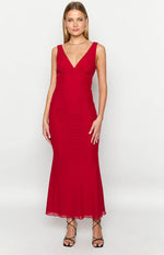 Front view of a red V-neck sleeveless maxi dress with a ruched bodice and flowy skirt
