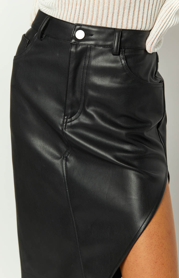 Maze Black Asymmetric PU Midi Skirt Image