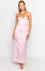 Pink satin maxi dress with a structured bustier bodice, delicate lace trim, and thin spaghetti straps