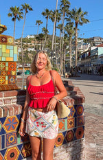 Beginning Boutique Milliana White Satin Roma Print Skirt white satin mini skirt with patchwork fruit and floral print
