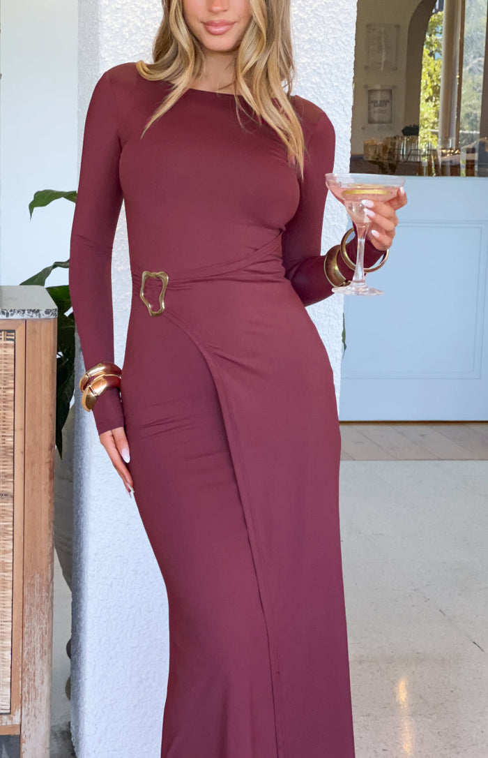 burgundy dress nz Misaki Long Sleeve Wrap Maxi Colour:Black - Black Satin