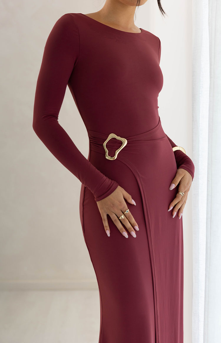 Misaki Burgundy Long Sleeve Wrap Maxi Dress Image