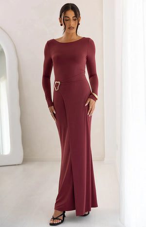 Misaki Burgundy Long Sleeve Wrap Maxi Dress