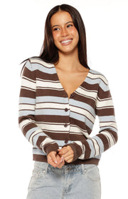 Front view of a brown, light blue, and cream striped knit cardigan with a V-neck and button front