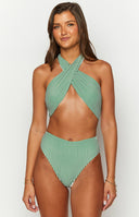 Green and white striped halter bikini top with a wrap-around neck, and matching high-waisted bikini bottoms