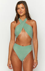 Beginning Boutique 9.0 Swim Miss America Green Striped Halter Bikini Top green and white striped cross-front halter bikini top with a cutout