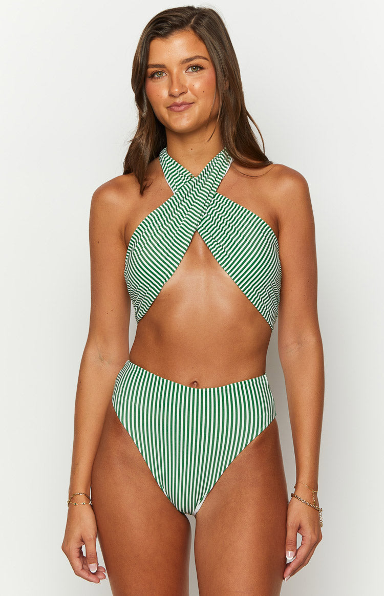 Beginning Boutique 9.0 Swim Miss America Green Striped Halter Bikini Top green and white striped cross-front halter bikini top with a cutout