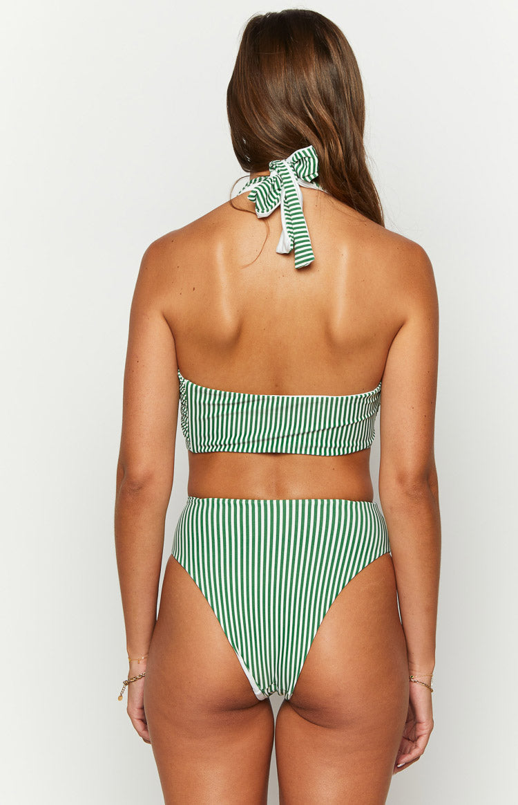 Rear view of a green and white striped halter bikini top with tie-back closure