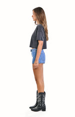 Mollie Mid Wash Denim Low Rise Stud Denim Shorts Image