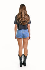 Mollie Mid Wash Denim Low Rise Stud Denim Shorts