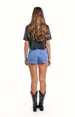 Mollie Mid Wash Denim Low Rise Stud Denim Shorts Image
