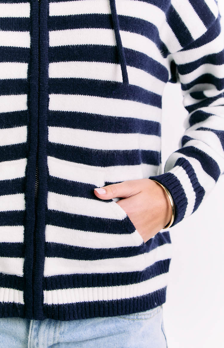 Mollie Navy Stripe Knit Zip Sweater Image