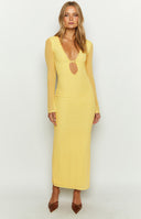 Beginning Boutique Monni Yellow Maxi Dress yellow fitted deep V-neck long sheer sleeve maxi dress with front cutout and criss-cross straps