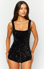 Front view of a black sequin playsuit with a square neckline and thick shoulder straps