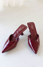 Beginning Boutique Morley Cherry Red Patent Mule Heels cherry red patent mule heels with pointed toe and kitten heel