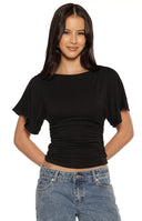 Beginning Boutique Muriel Black Ruched Waist Jersey Top black jersey boat neck top with short dolman sleeves and ruched waist