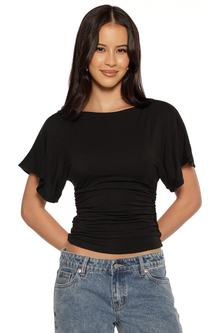 Muriel Black Ruched Waist Jersey Top - PRE ORDER