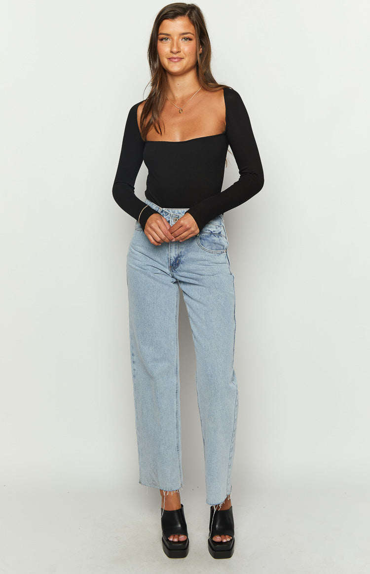 Fitted black ribbed bodysuit with a wide square neckline and long sleeves