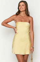 Beginning Boutique Mylee Yellow Satin Strapless Mini Dress yellow satin strapless mini dress with a straight neckline