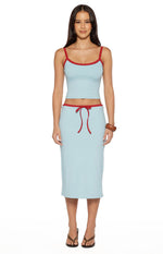 Light blue jersey midi skirt with a fitted silhouette and a red tie waist detail