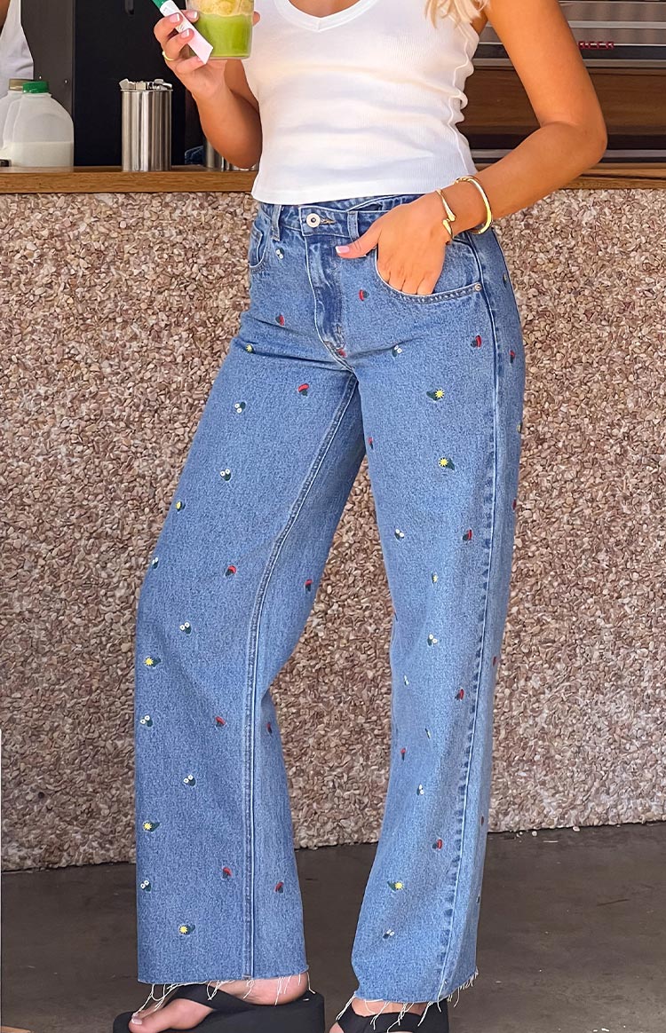 Kansis Blue Embroidered Uneven Waist Jeans