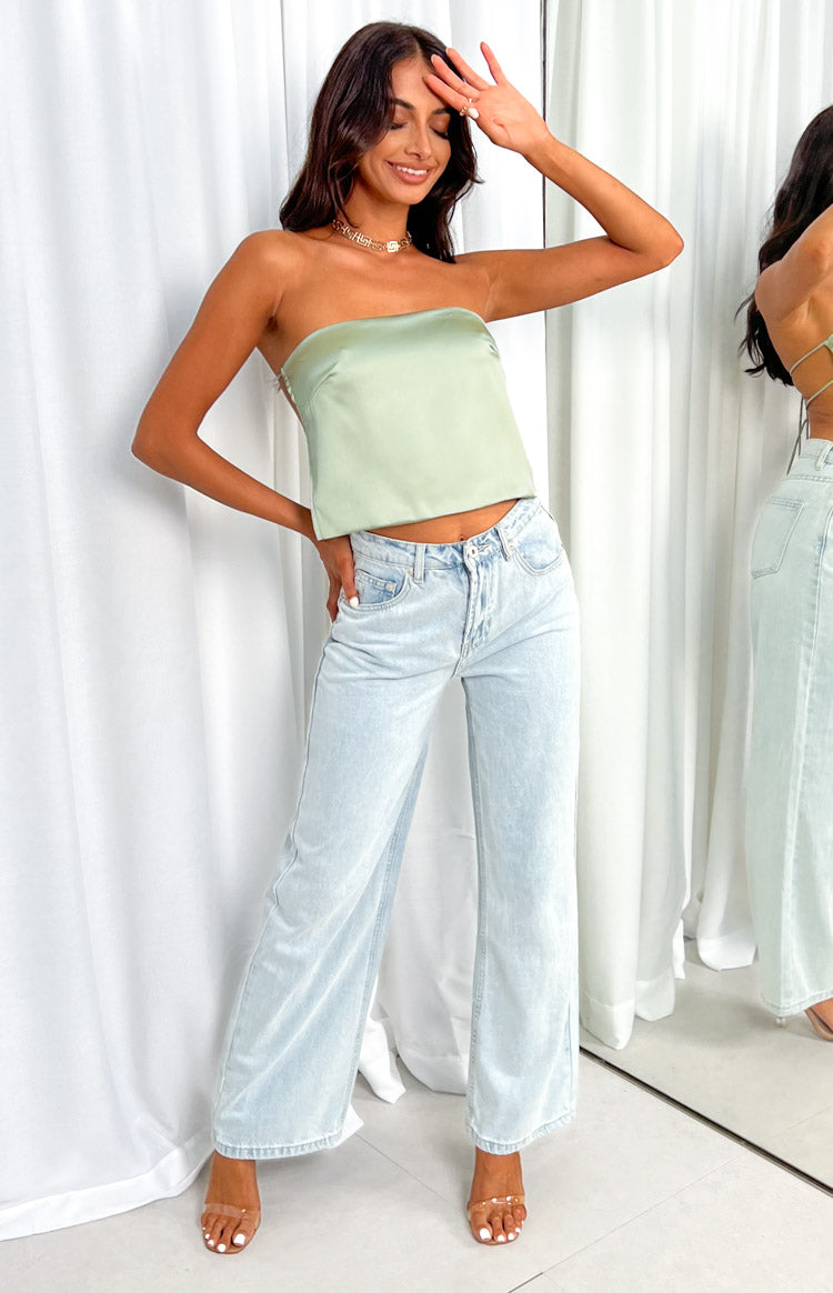 Olive satin strapless top with a straight neckline, cropped fit, and visible side lacing