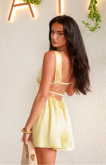 Side-rear view of a yellow mini dress with a wide open back and multiple thin elasticated horizontal straps