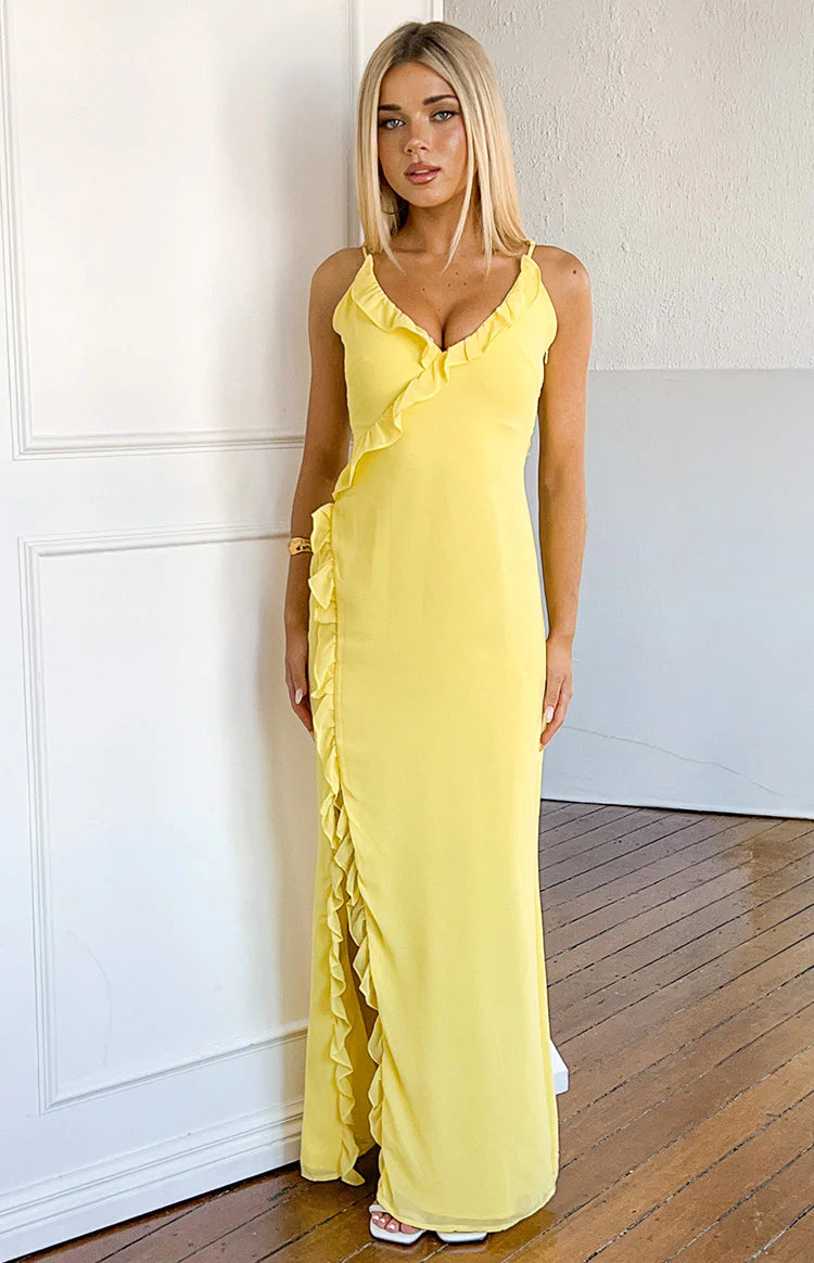 Sundress Long Yellow Cotton And Linen Ruffled Chest Strap Dress Nahanee  Yellow Ruffle Maxi Dress Beginning Boutique NZ