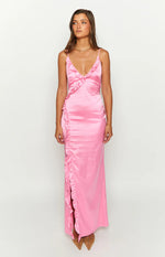 Nahanee Pink Satin Ruffle Maxi Dress