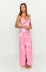 Nahanee Pink Satin Ruffle Maxi Dress