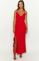 Beginning Boutique Nahanee Red Ruffle Maxi Dress red V-neck maxi dress with spaghetti straps, ruffle trim, and a high side slit