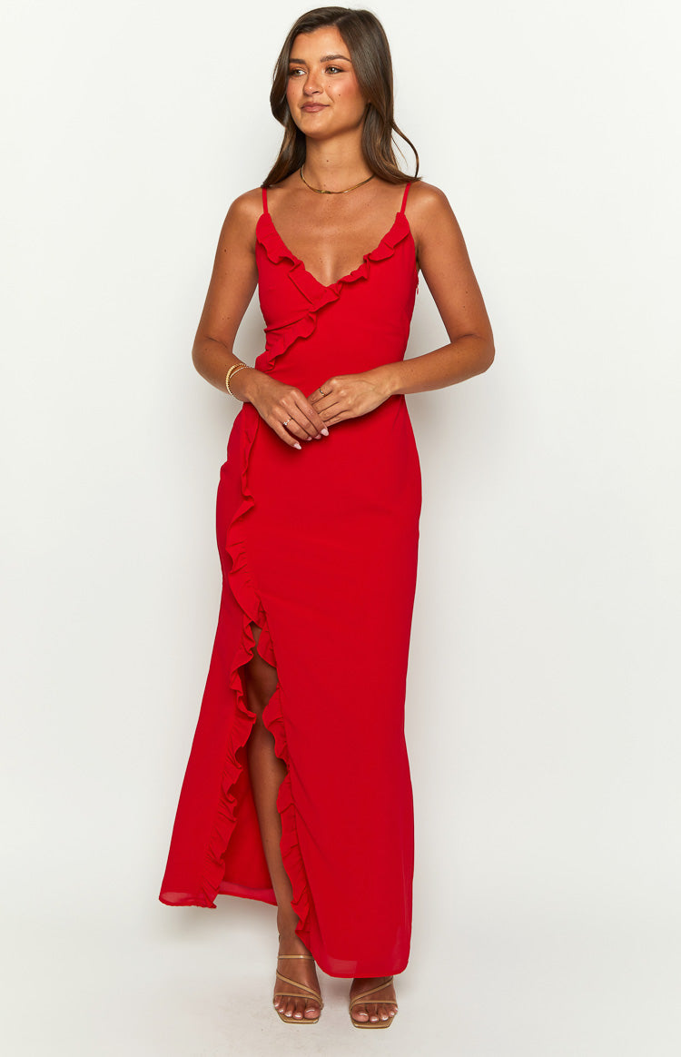 Front view of a red maxi dress with a ruffled V-neckline and a high side slit with ruffles