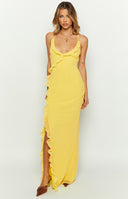 Beginning Boutique Nahanee Yellow Ruffle Maxi Dress yellow V-neck maxi dress with ruffle trim, spaghetti straps, and side ruc