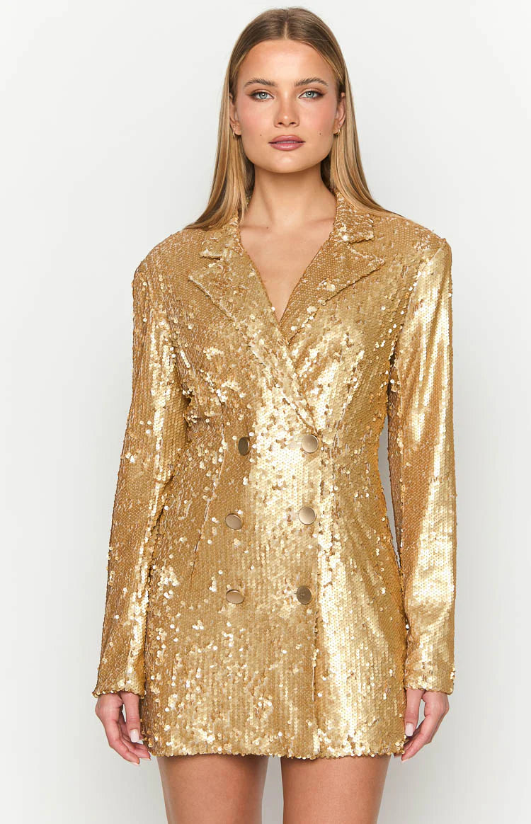Natalie Gold Sequin Blazer Mini Dress | Beginning Boutique NZ Natalie Gold Sequin Blazer Mini Dress | Beginning Boutique NZ