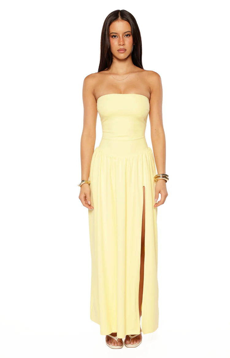 Nate Yellow Strapless Formal Maxi Dress