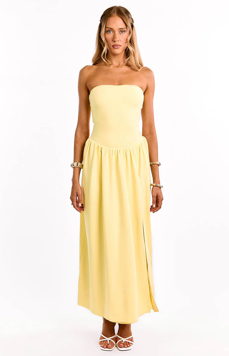 Nate Yellow Strapless Formal Maxi Dress